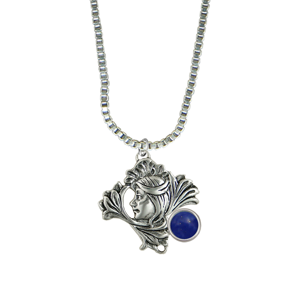 Sterling Silver Woman Maiden of the Lotus Flower Pendant Necklace With Lapis Lazuli